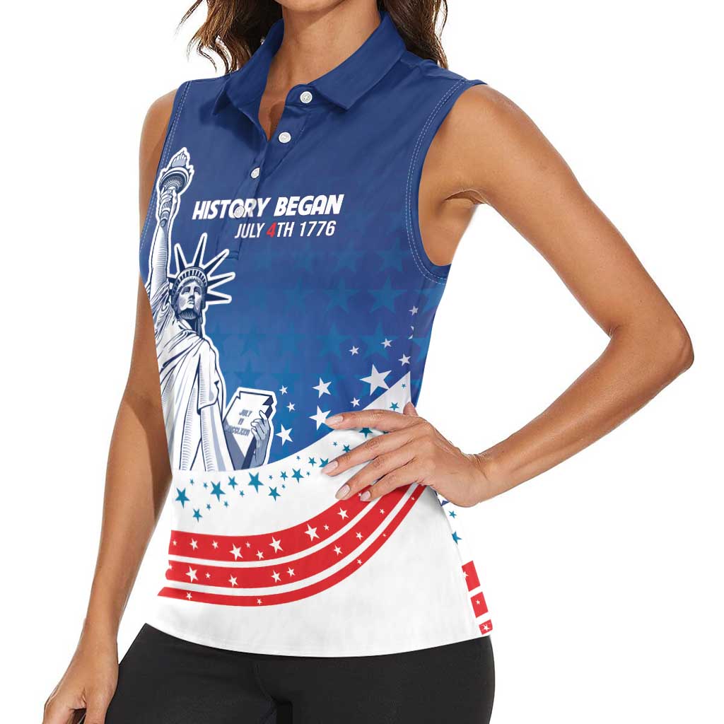 History Began 4th of July Personalized Women Sleeveless Polo Shirt Statue of Liberty US Flag