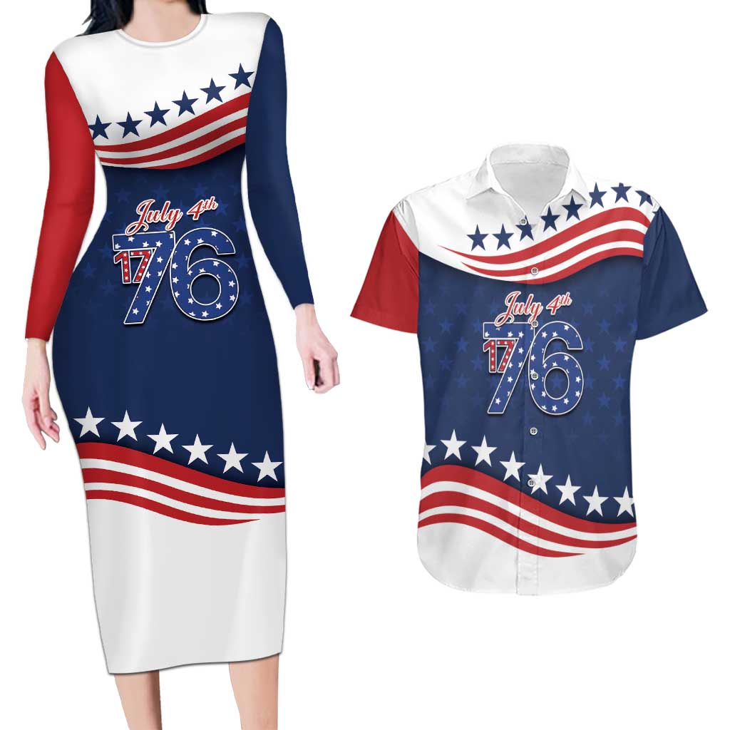July 4th 1776 American Flag Vintage Personalized Couples Matching Long Sleeve Bodycon Dress and Hawaiian Shirt USA Independence Day
