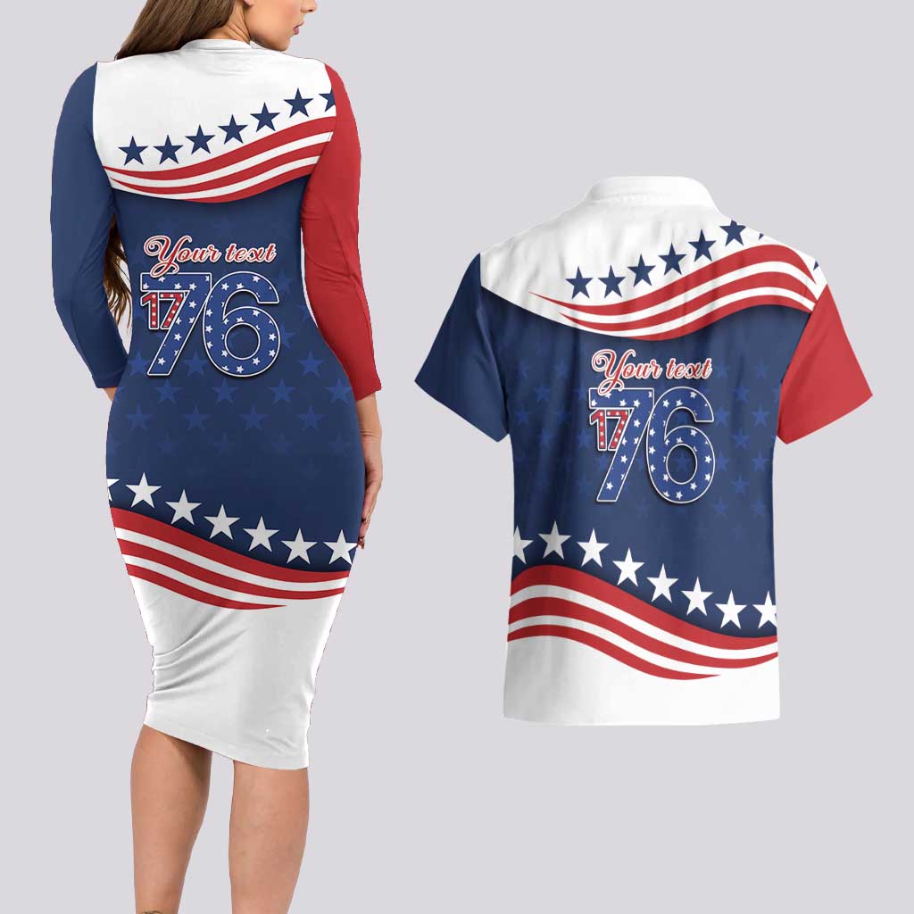July 4th 1776 American Flag Vintage Personalized Couples Matching Long Sleeve Bodycon Dress and Hawaiian Shirt USA Independence Day