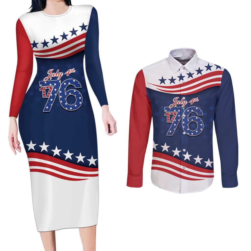 July 4th 1776 American Flag Vintage Personalized Couples Matching Long Sleeve Bodycon Dress and Long Sleeve Button Shirt USA Independence Day
