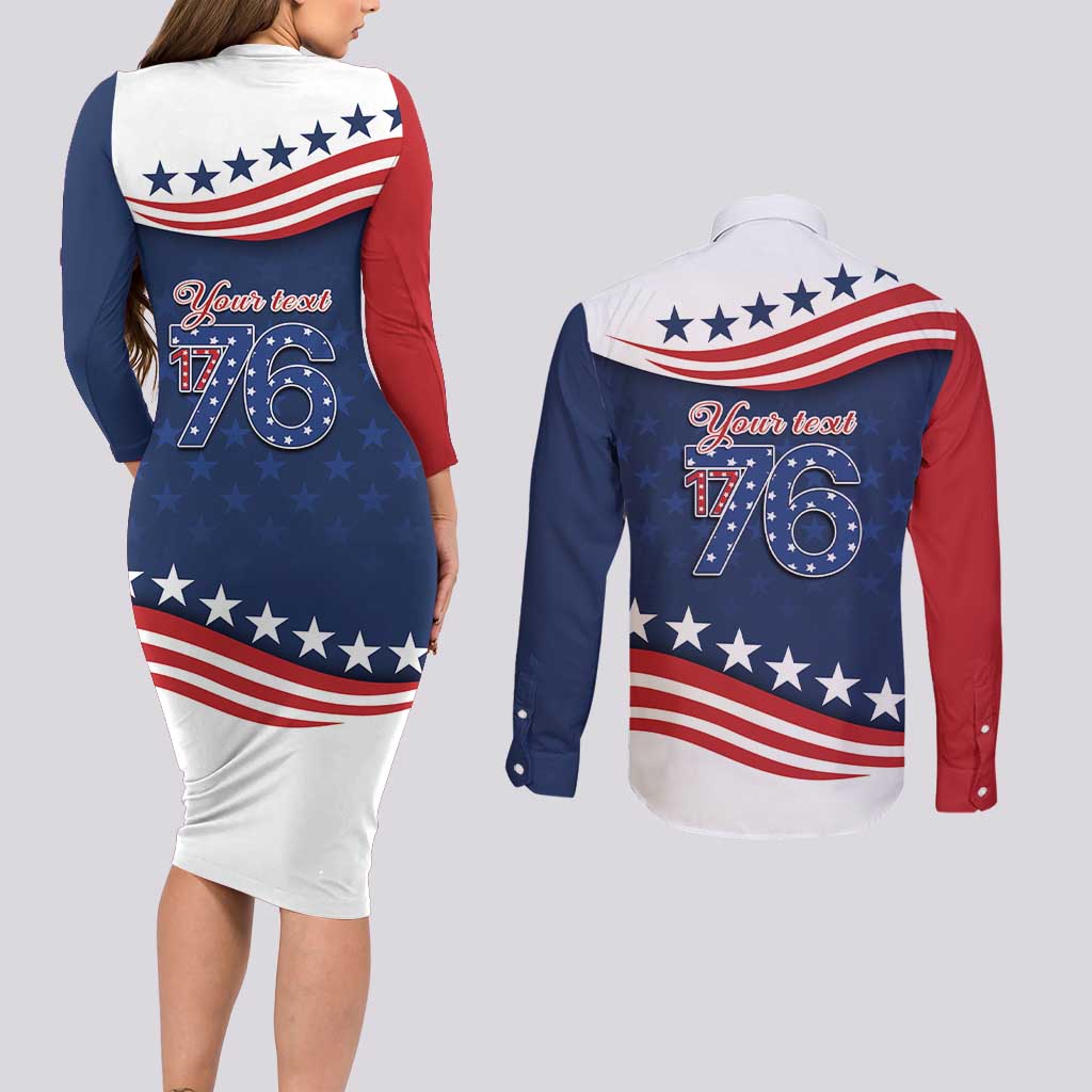 July 4th 1776 American Flag Vintage Personalized Couples Matching Long Sleeve Bodycon Dress and Long Sleeve Button Shirt USA Independence Day