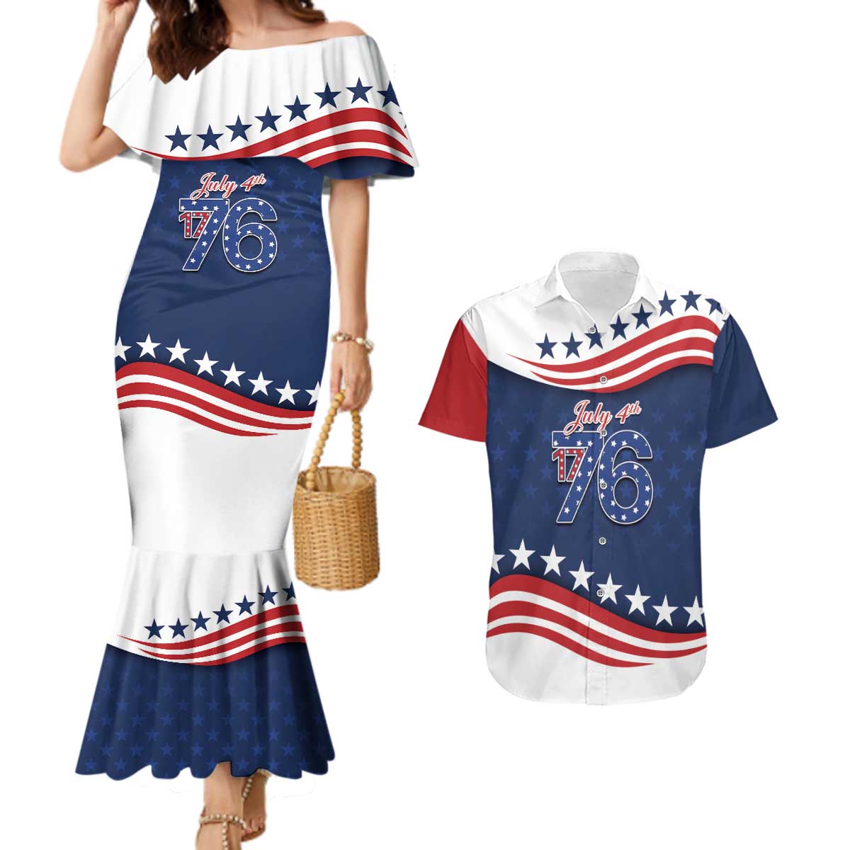 July 4th 1776 American Flag Vintage Personalized Couples Matching Mermaid Dress and Hawaiian Shirt USA Independence Day