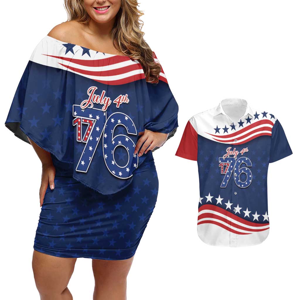 July 4th 1776 American Flag Vintage Personalized Couples Matching Off Shoulder Short Dress and Hawaiian Shirt USA Independence Day