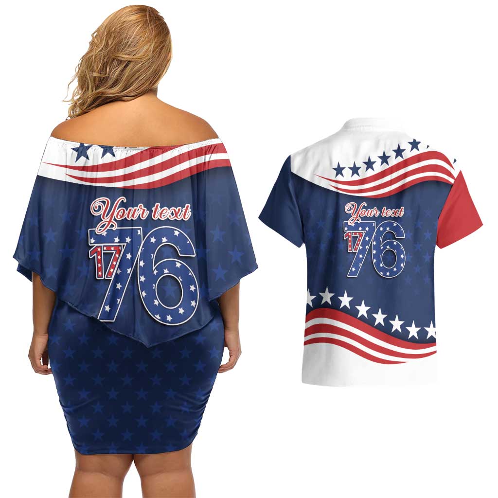 July 4th 1776 American Flag Vintage Personalized Couples Matching Off Shoulder Short Dress and Hawaiian Shirt USA Independence Day
