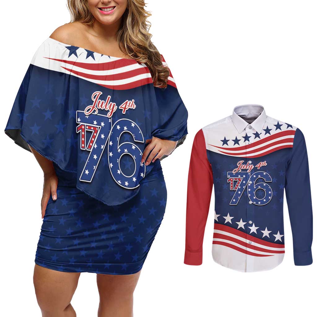 July 4th 1776 American Flag Vintage Personalized Couples Matching Off Shoulder Short Dress and Long Sleeve Button Shirt USA Independence Day