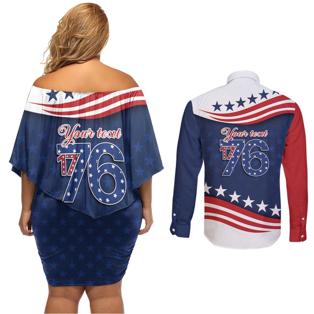 July 4th 1776 American Flag Vintage Personalized Couples Matching Off Shoulder Short Dress and Long Sleeve Button Shirt USA Independence Day