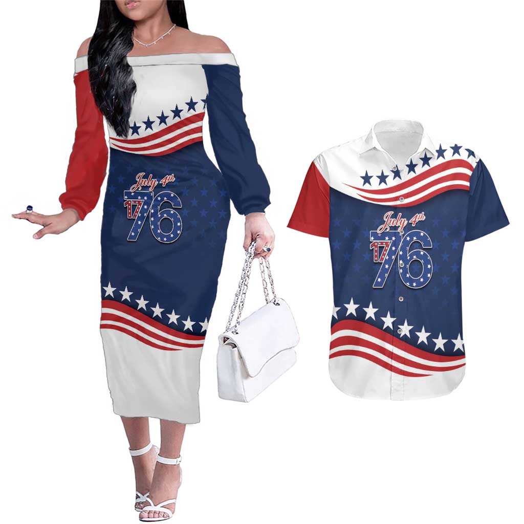 July 4th 1776 American Flag Vintage Personalized Couples Matching Off The Shoulder Long Sleeve Dress and Hawaiian Shirt USA Independence Day