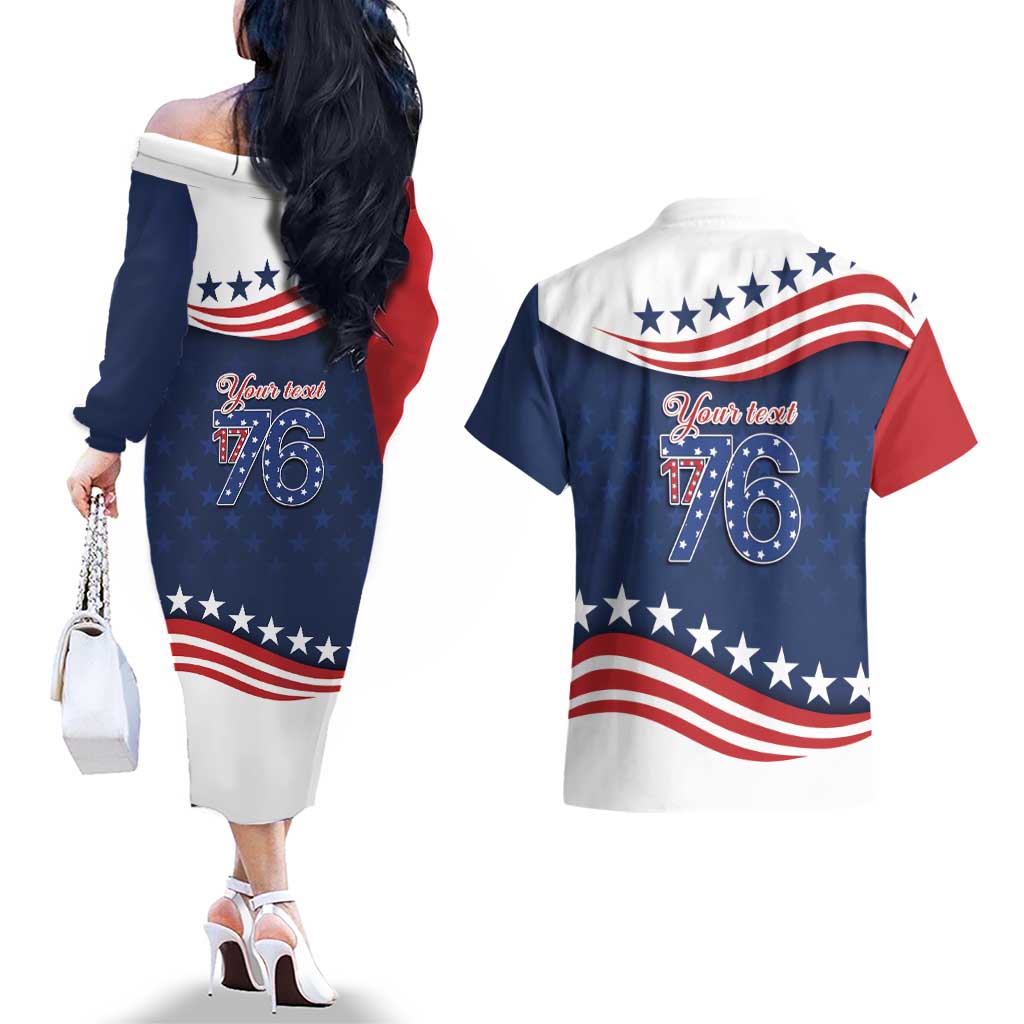 July 4th 1776 American Flag Vintage Personalized Couples Matching Off The Shoulder Long Sleeve Dress and Hawaiian Shirt USA Independence Day