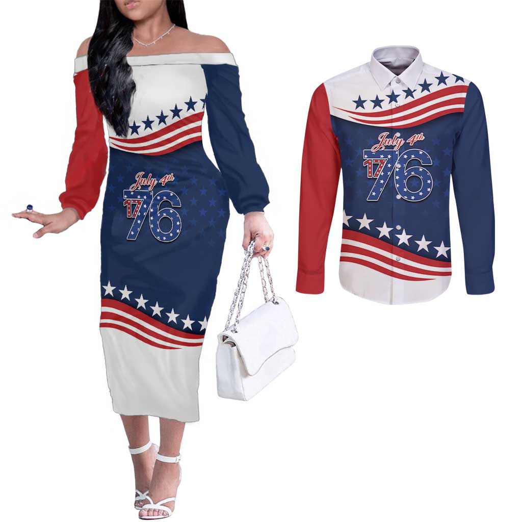 July 4th 1776 American Flag Vintage Personalized Couples Matching Off The Shoulder Long Sleeve Dress and Long Sleeve Button Shirt USA Independence Day
