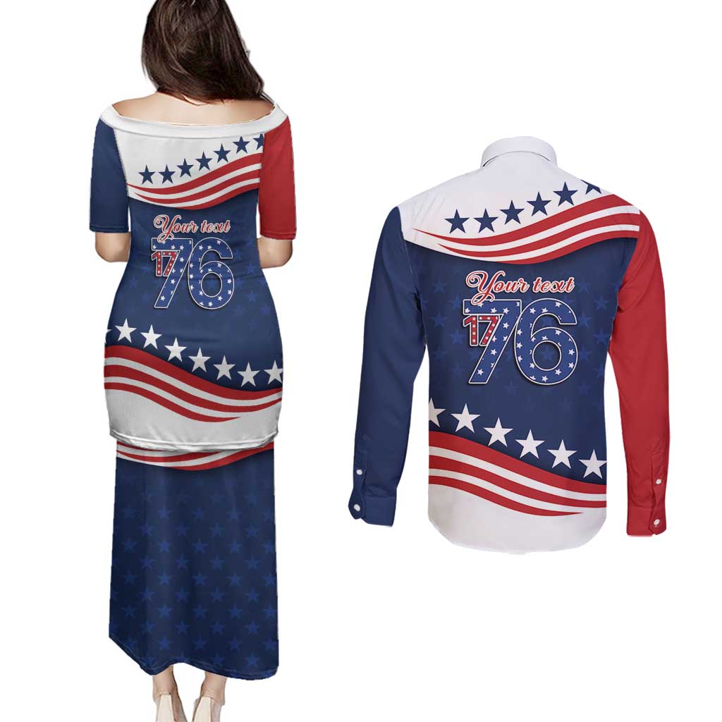 July 4th 1776 American Flag Vintage Personalized Couples Matching Puletasi and Long Sleeve Button Shirt USA Independence Day