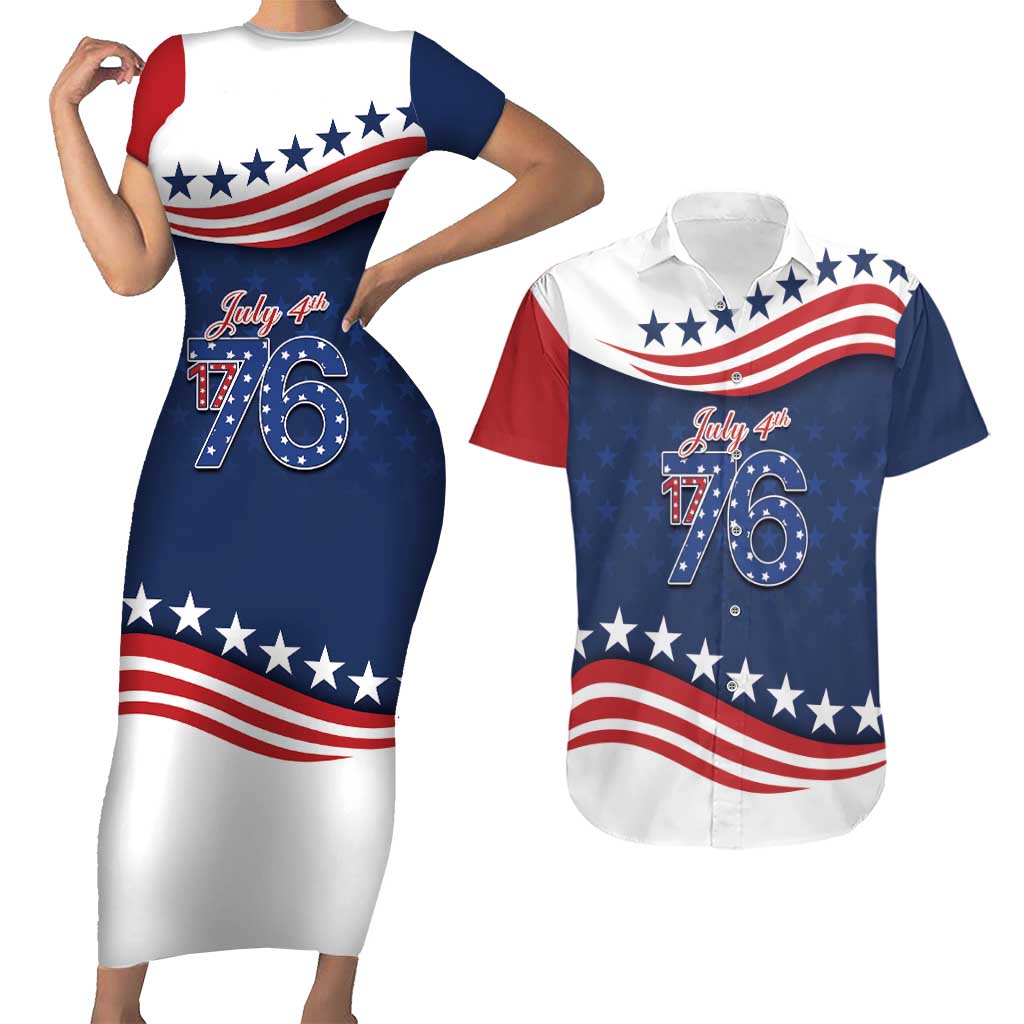 July 4th 1776 American Flag Vintage Personalized Couples Matching Short Sleeve Bodycon Dress and Hawaiian Shirt USA Independence Day