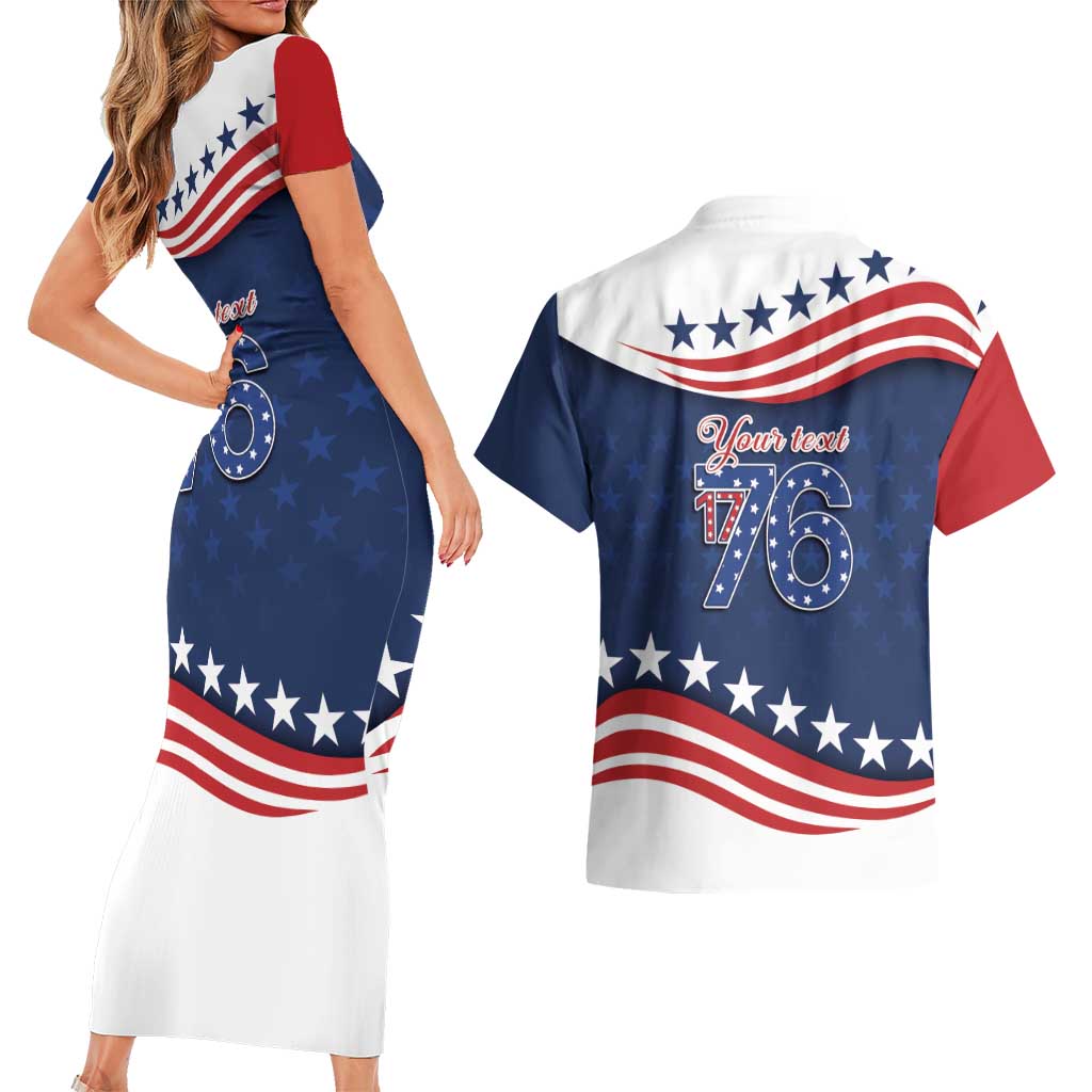 July 4th 1776 American Flag Vintage Personalized Couples Matching Short Sleeve Bodycon Dress and Hawaiian Shirt USA Independence Day
