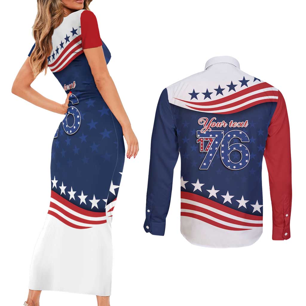 July 4th 1776 American Flag Vintage Personalized Couples Matching Short Sleeve Bodycon Dress and Long Sleeve Button Shirt USA Independence Day