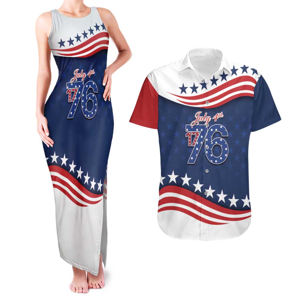 July 4th 1776 American Flag Vintage Personalized Couples Matching Tank Maxi Dress and Hawaiian Shirt USA Independence Day