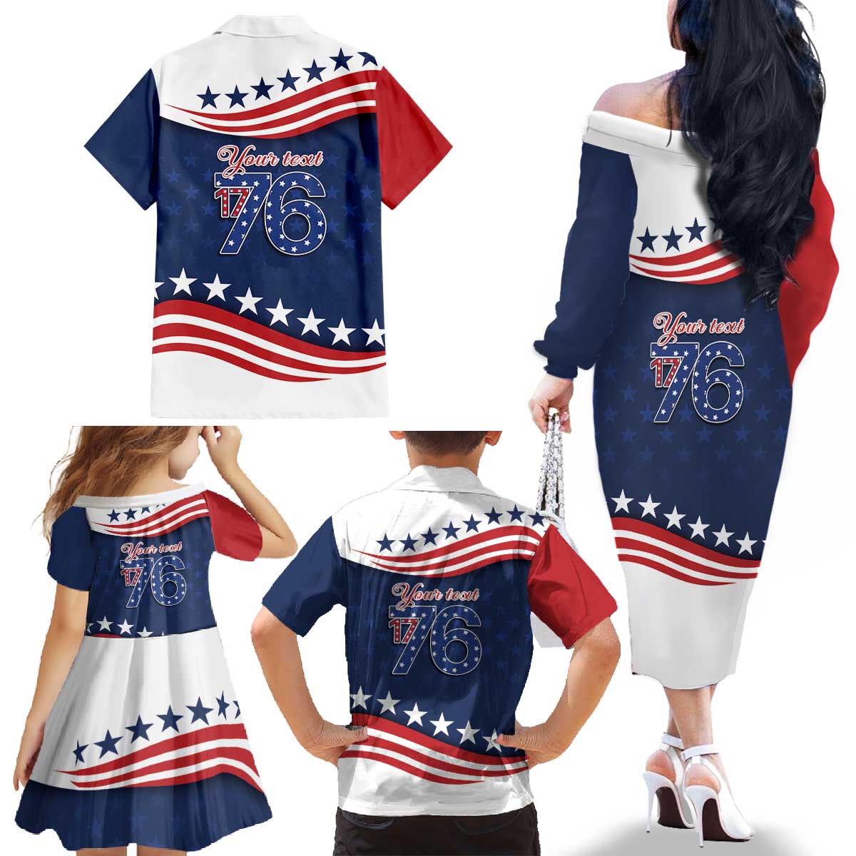 July 4th 1776 American Flag Vintage Personalized Family Matching Off The Shoulder Long Sleeve Dress and Hawaiian Shirt USA Independence Day