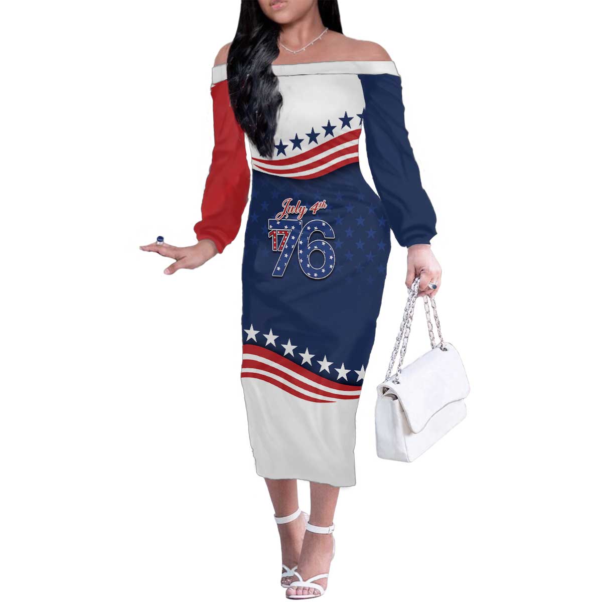 July 4th 1776 American Flag Vintage Personalized Family Matching Off The Shoulder Long Sleeve Dress and Hawaiian Shirt USA Independence Day