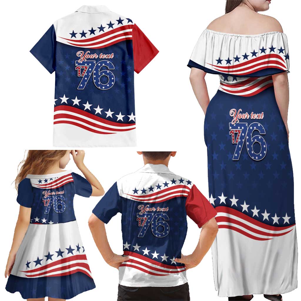 July 4th 1776 American Flag Vintage Personalized Family Matching Off Shoulder Maxi Dress and Hawaiian Shirt USA Independence Day
