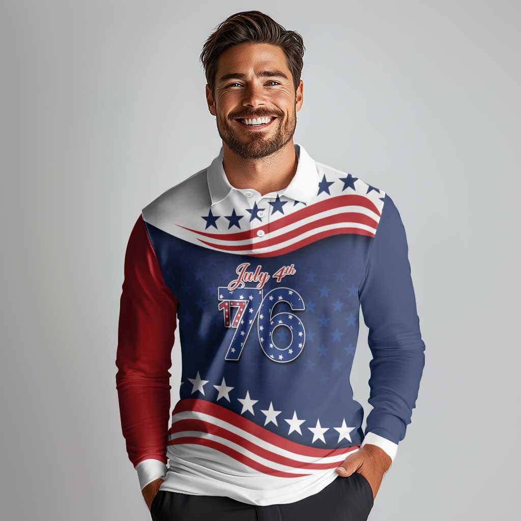 July 4th 1776 American Flag Vintage Personalized Long Sleeve Polo Shirt USA Independence Day