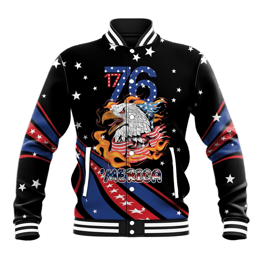 Personalized America History Began 4th of July Baseball Jacket Fire Bald Eagle US Flag