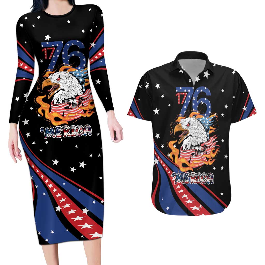 Personalized America History Began 4th of July Couples Matching Long Sleeve Bodycon Dress and Hawaiian Shirt Fire Bald Eagle US Flag