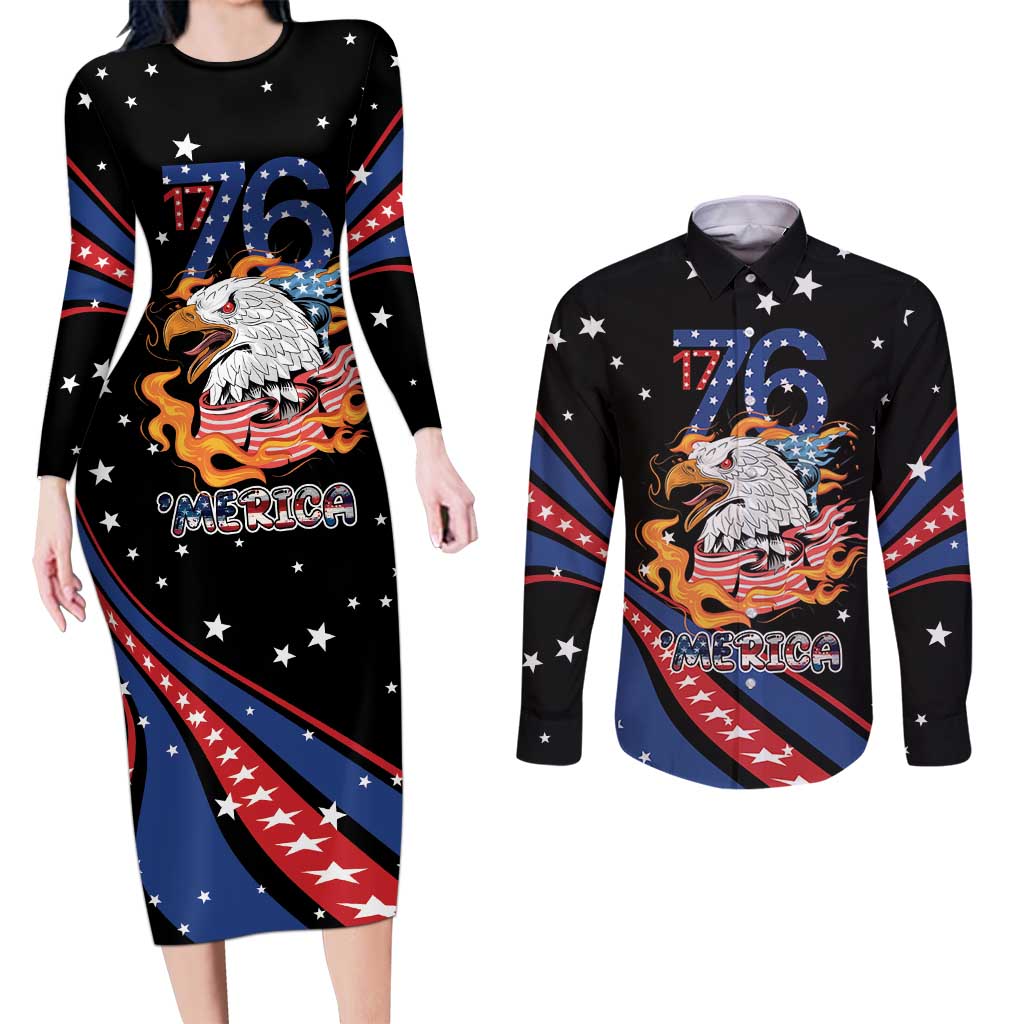 Personalized America History Began 4th of July Couples Matching Long Sleeve Bodycon Dress and Long Sleeve Button Shirt Fire Bald Eagle US Flag