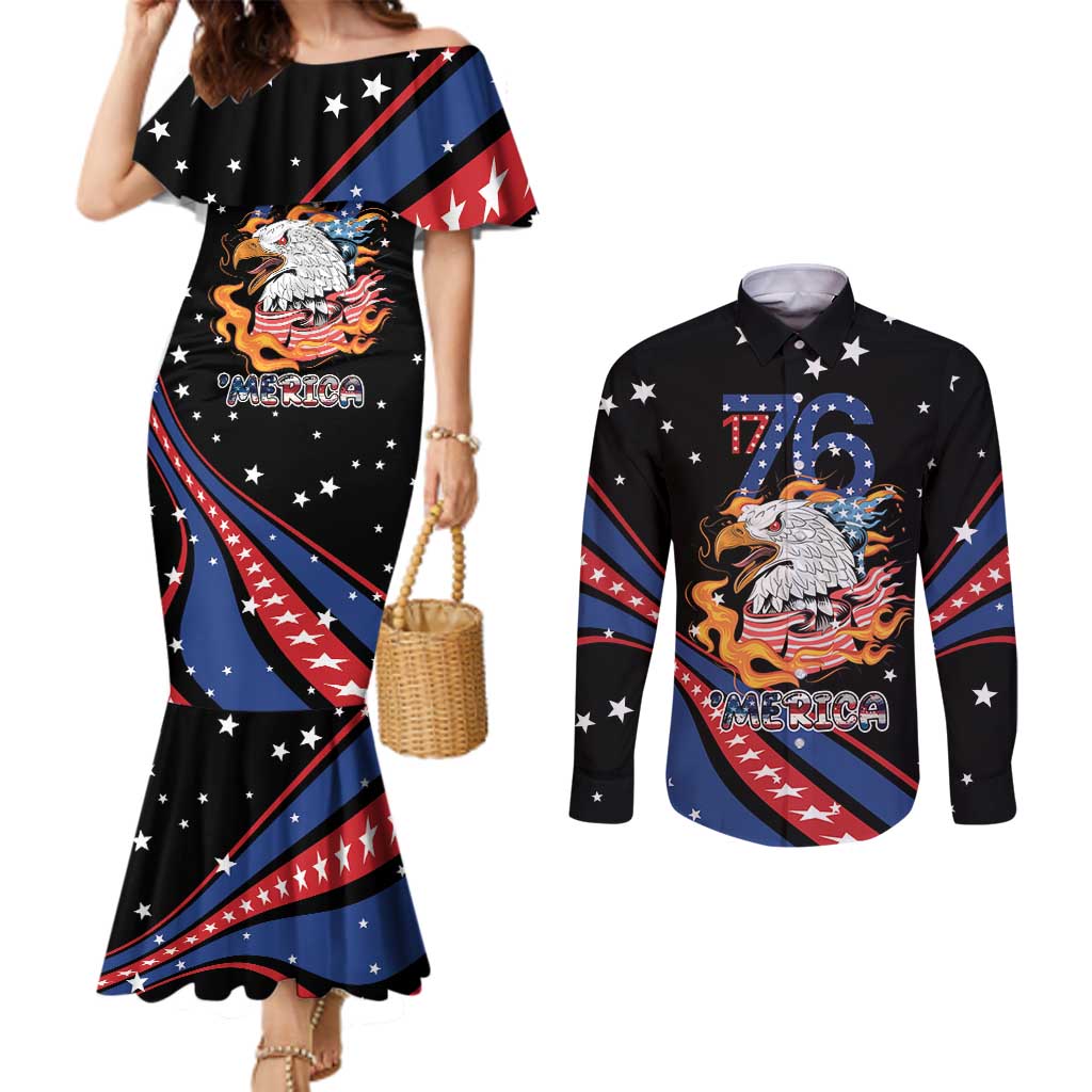 Personalized America History Began 4th of July Couples Matching Mermaid Dress and Long Sleeve Button Shirt Fire Bald Eagle US Flag