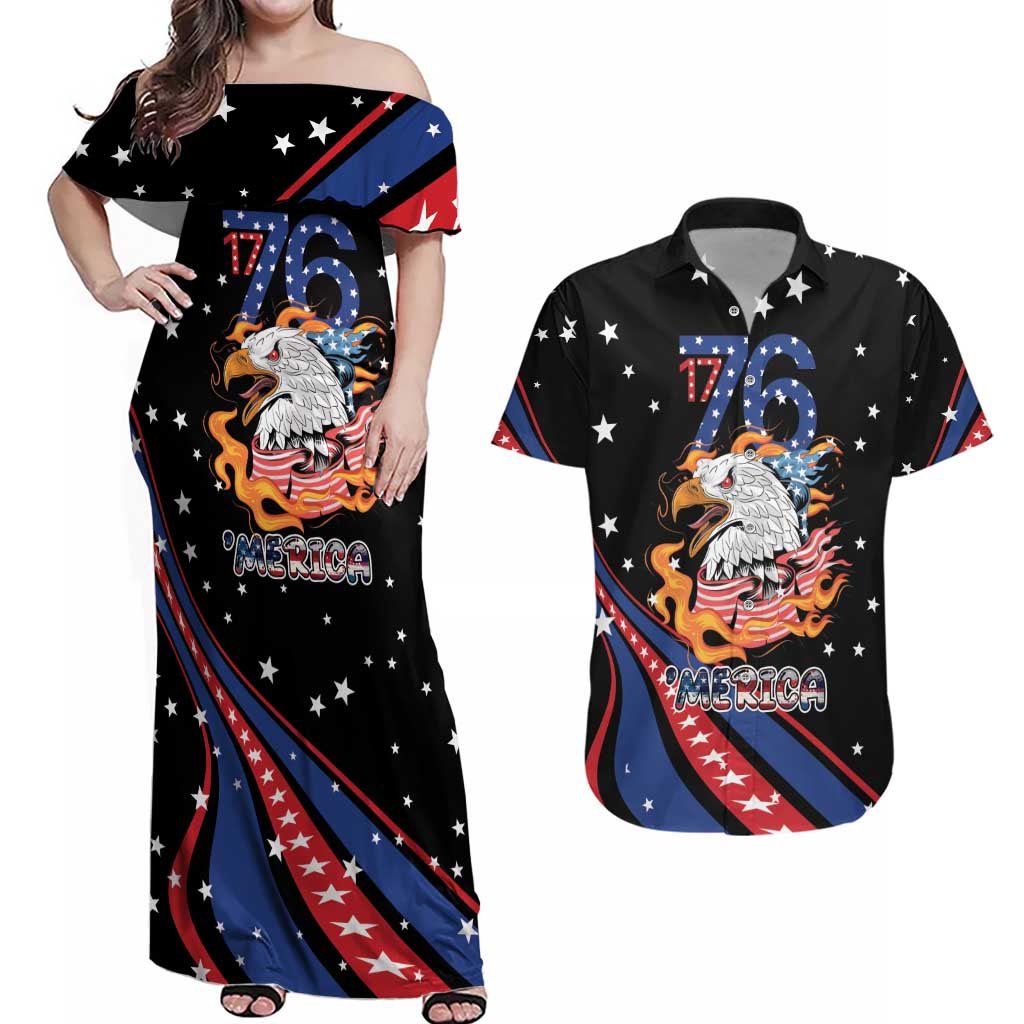 Personalized America History Began 4th of July Couples Matching Off Shoulder Maxi Dress and Hawaiian Shirt Fire Bald Eagle US Flag