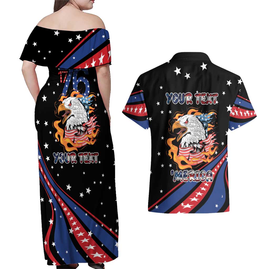 Personalized America History Began 4th of July Couples Matching Off Shoulder Maxi Dress and Hawaiian Shirt Fire Bald Eagle US Flag
