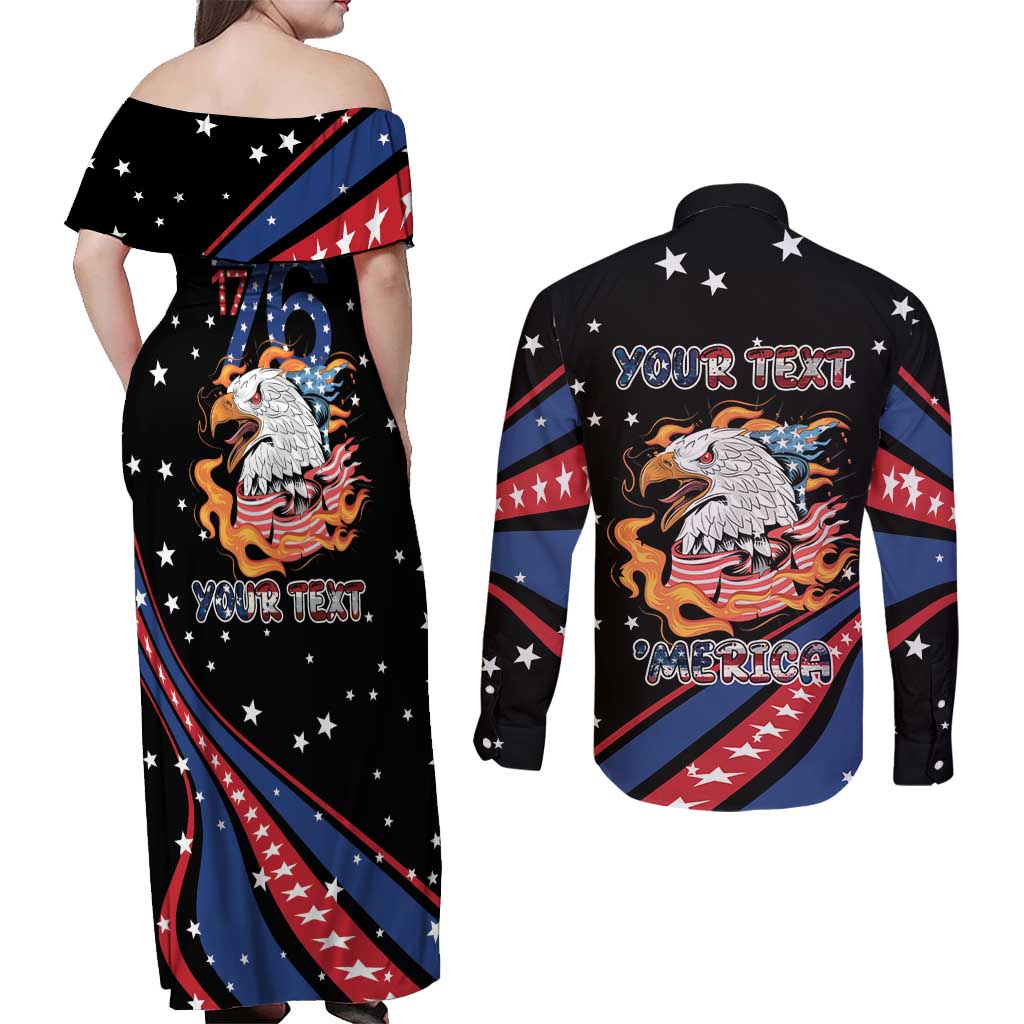 Personalized America History Began 4th of July Couples Matching Off Shoulder Maxi Dress and Long Sleeve Button Shirt Fire Bald Eagle US Flag