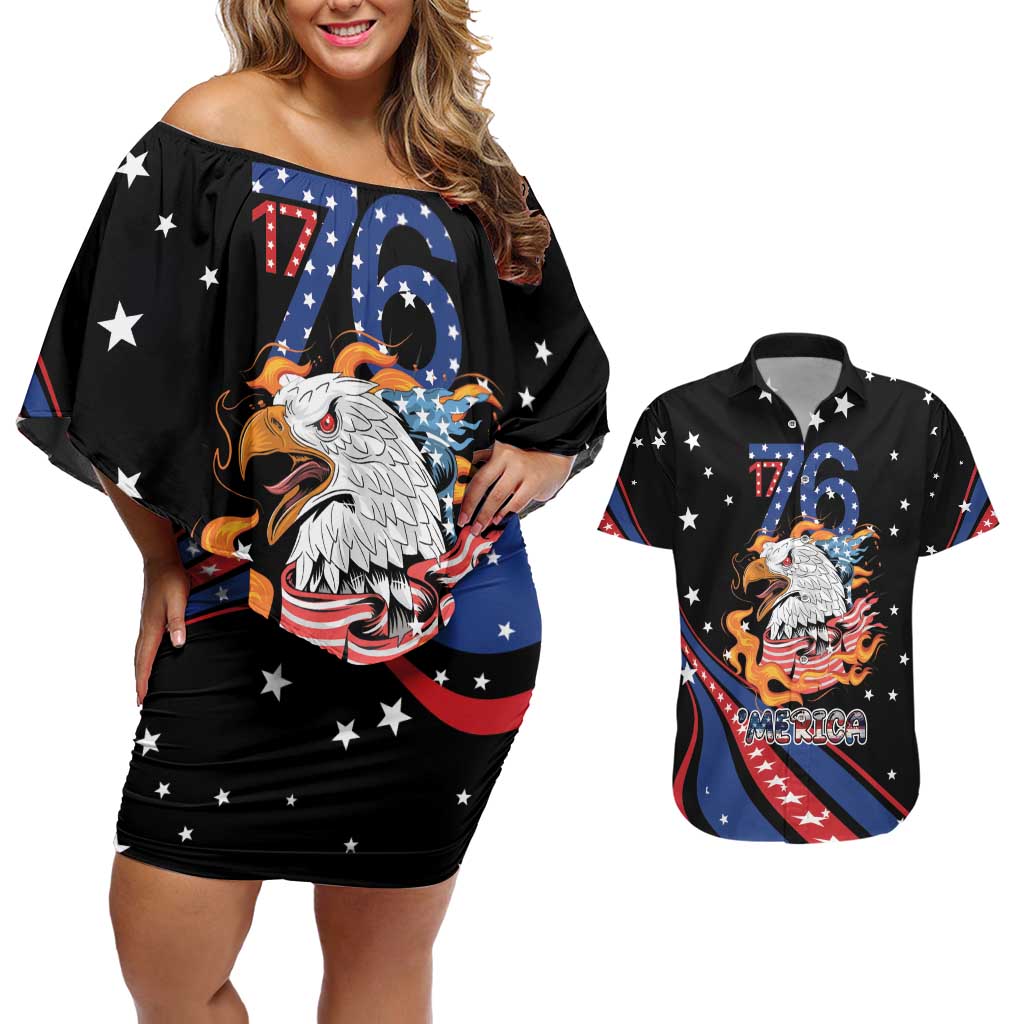 Personalized America History Began 4th of July Couples Matching Off Shoulder Short Dress and Hawaiian Shirt Fire Bald Eagle US Flag