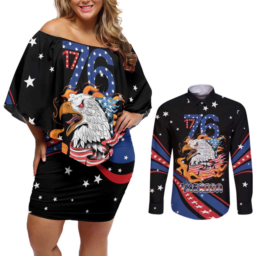 Personalized America History Began 4th of July Couples Matching Off Shoulder Short Dress and Long Sleeve Button Shirt Fire Bald Eagle US Flag