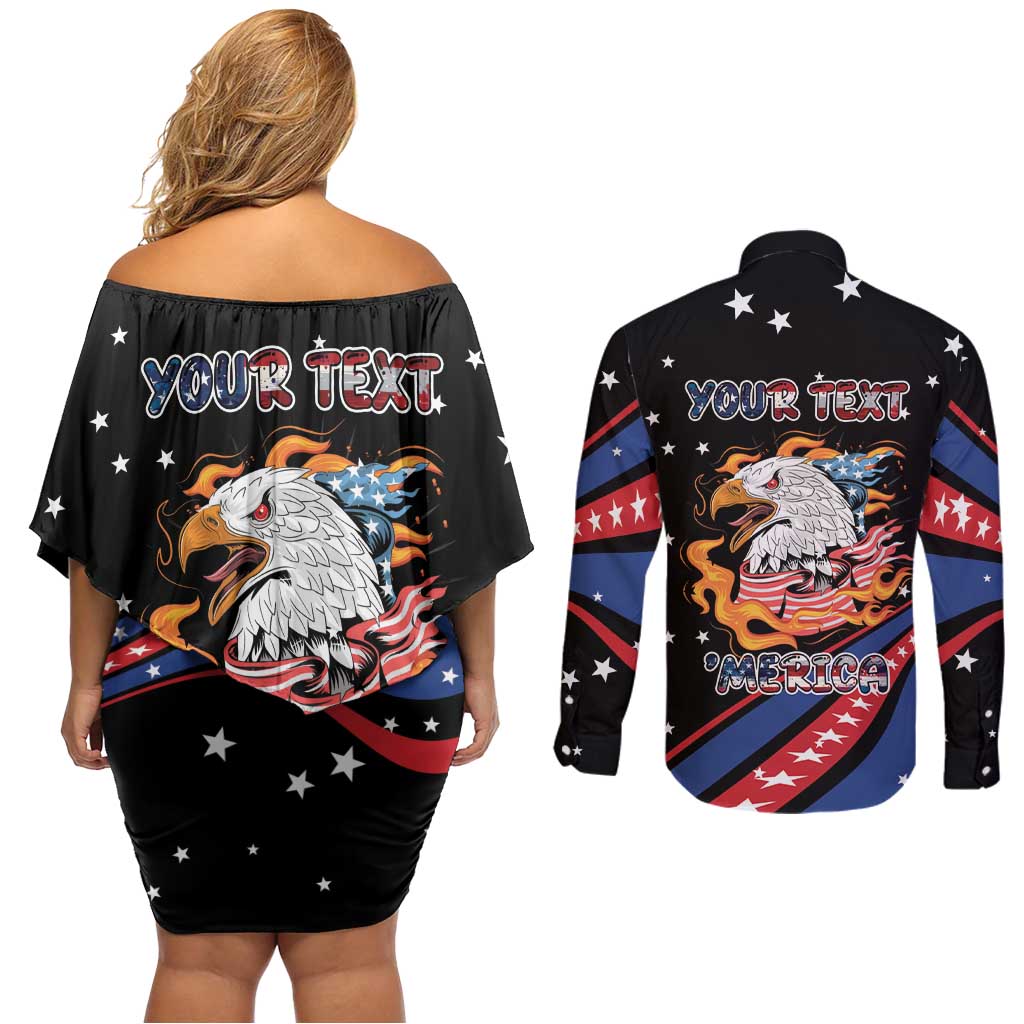 Personalized America History Began 4th of July Couples Matching Off Shoulder Short Dress and Long Sleeve Button Shirt Fire Bald Eagle US Flag