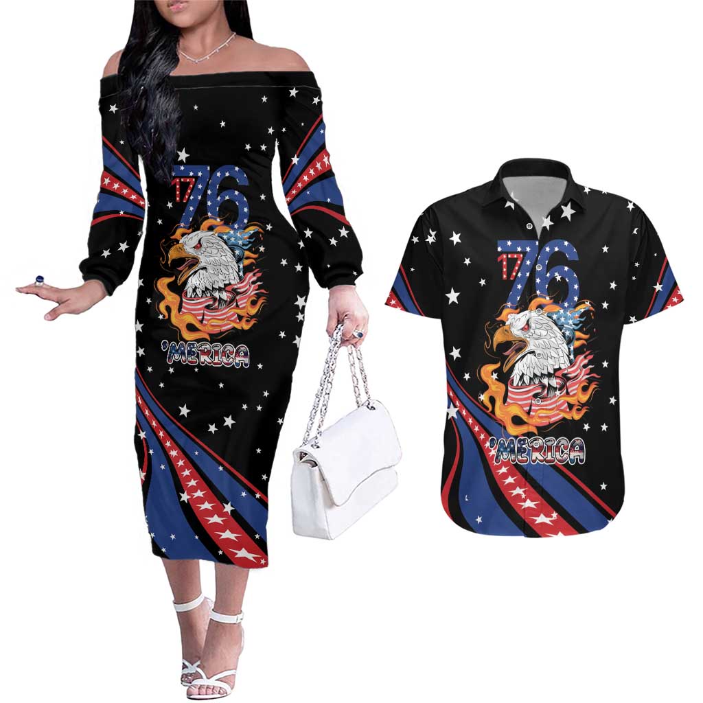 Personalized America History Began 4th of July Couples Matching Off The Shoulder Long Sleeve Dress and Hawaiian Shirt Fire Bald Eagle US Flag