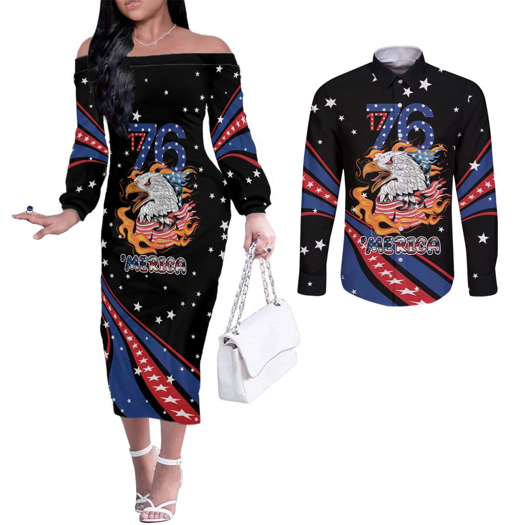 Personalized America History Began 4th of July Couples Matching Off The Shoulder Long Sleeve Dress and Long Sleeve Button Shirt Fire Bald Eagle US Flag