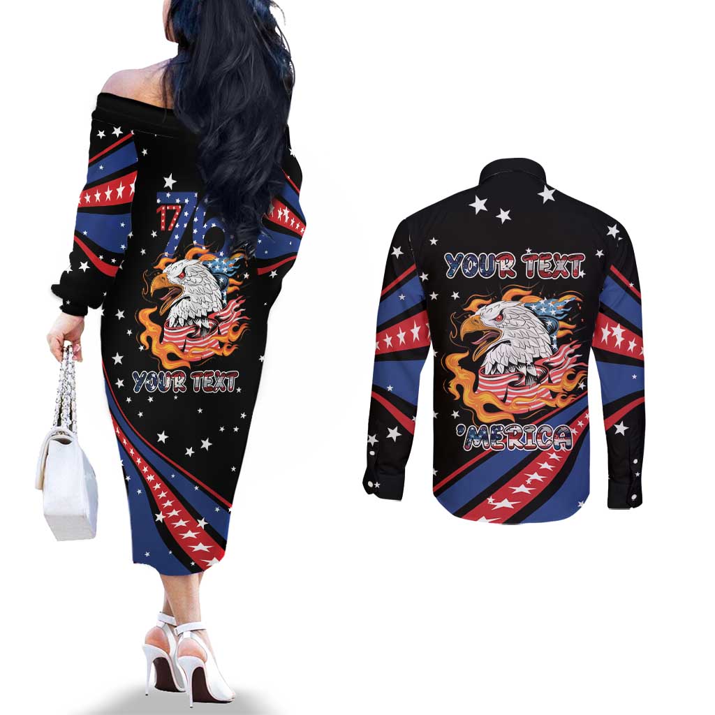 Personalized America History Began 4th of July Couples Matching Off The Shoulder Long Sleeve Dress and Long Sleeve Button Shirt Fire Bald Eagle US Flag
