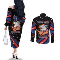 Personalized America History Began 4th of July Couples Matching Off The Shoulder Long Sleeve Dress and Long Sleeve Button Shirt Fire Bald Eagle US Flag