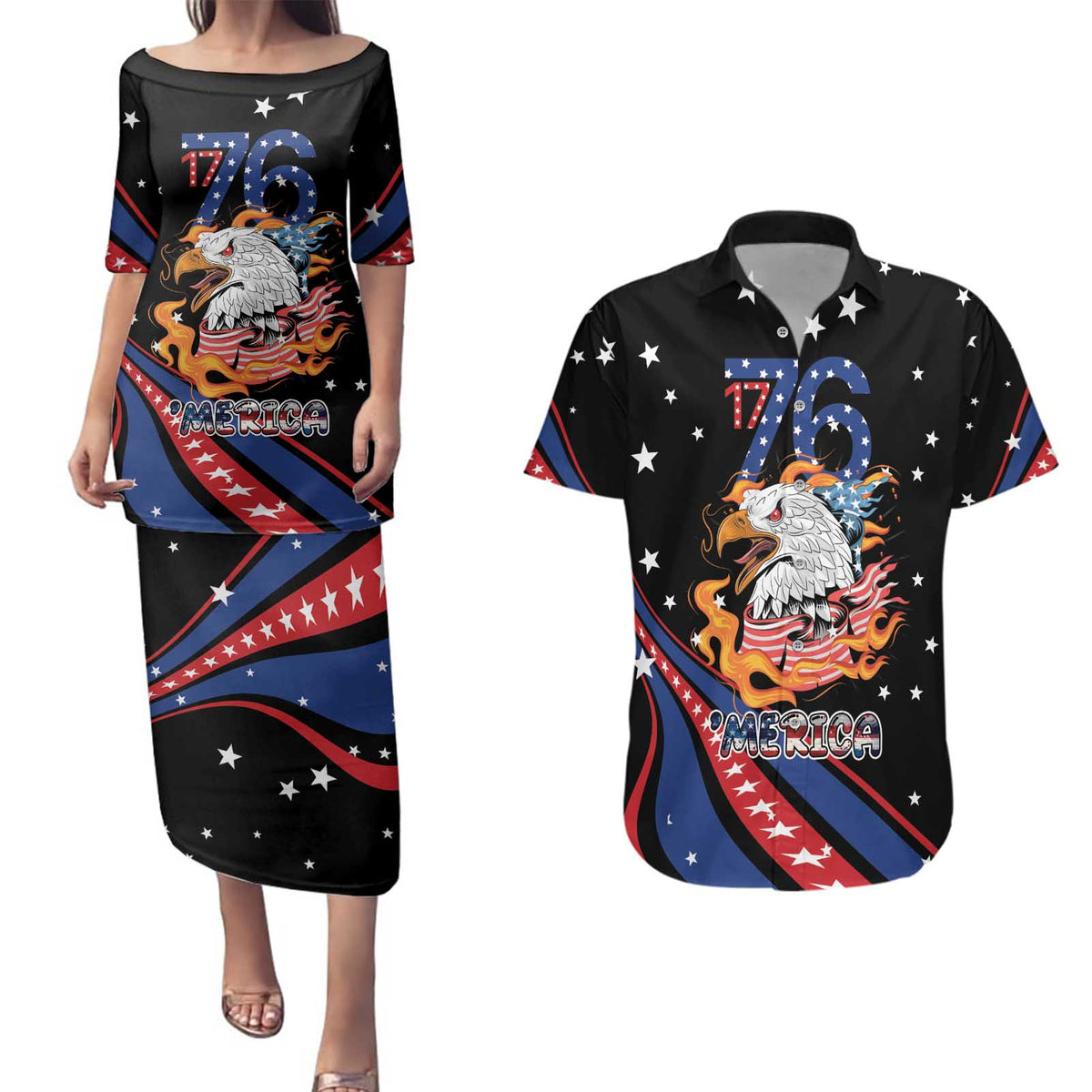 Personalized America History Began 4th of July Couples Matching Puletasi and Hawaiian Shirt Fire Bald Eagle US Flag