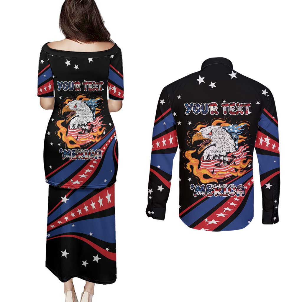 Personalized America History Began 4th of July Couples Matching Puletasi and Long Sleeve Button Shirt Fire Bald Eagle US Flag