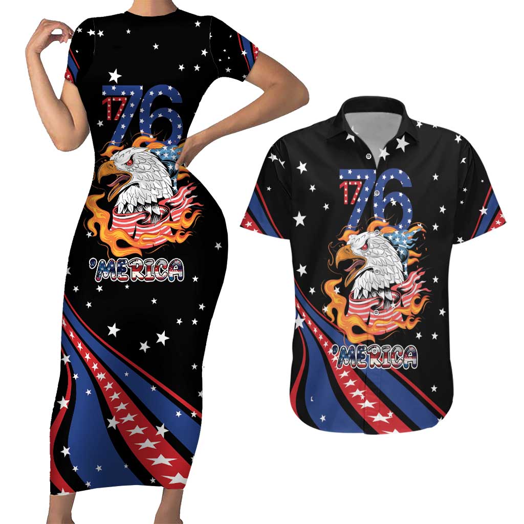 Personalized America History Began 4th of July Couples Matching Short Sleeve Bodycon Dress and Hawaiian Shirt Fire Bald Eagle US Flag