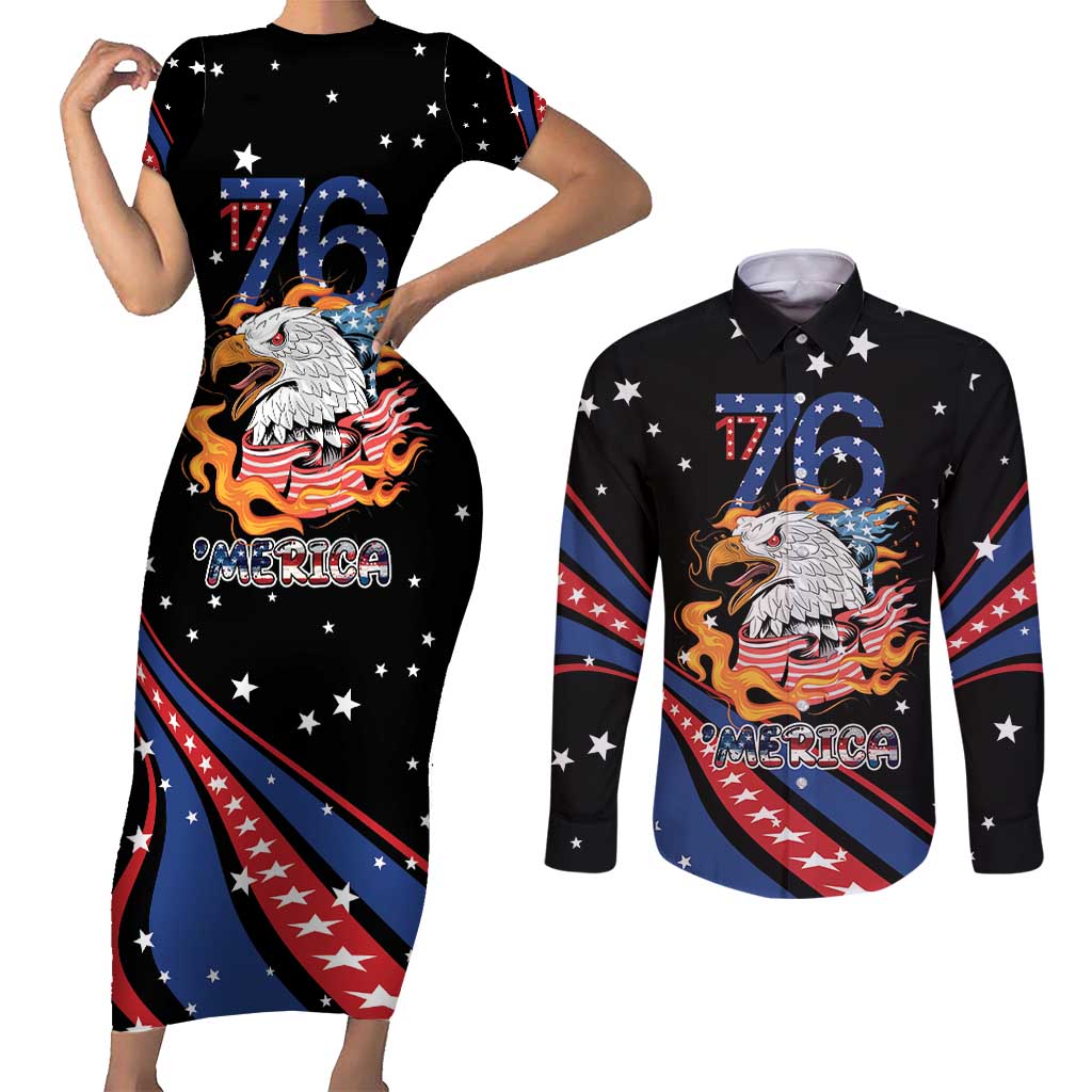Personalized America History Began 4th of July Couples Matching Short Sleeve Bodycon Dress and Long Sleeve Button Shirt Fire Bald Eagle US Flag