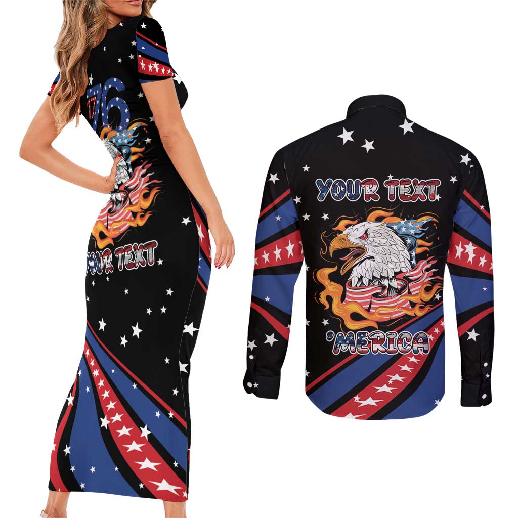 Personalized America History Began 4th of July Couples Matching Short Sleeve Bodycon Dress and Long Sleeve Button Shirt Fire Bald Eagle US Flag