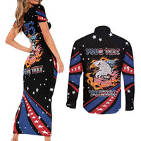Personalized America History Began 4th of July Couples Matching Short Sleeve Bodycon Dress and Long Sleeve Button Shirt Fire Bald Eagle US Flag