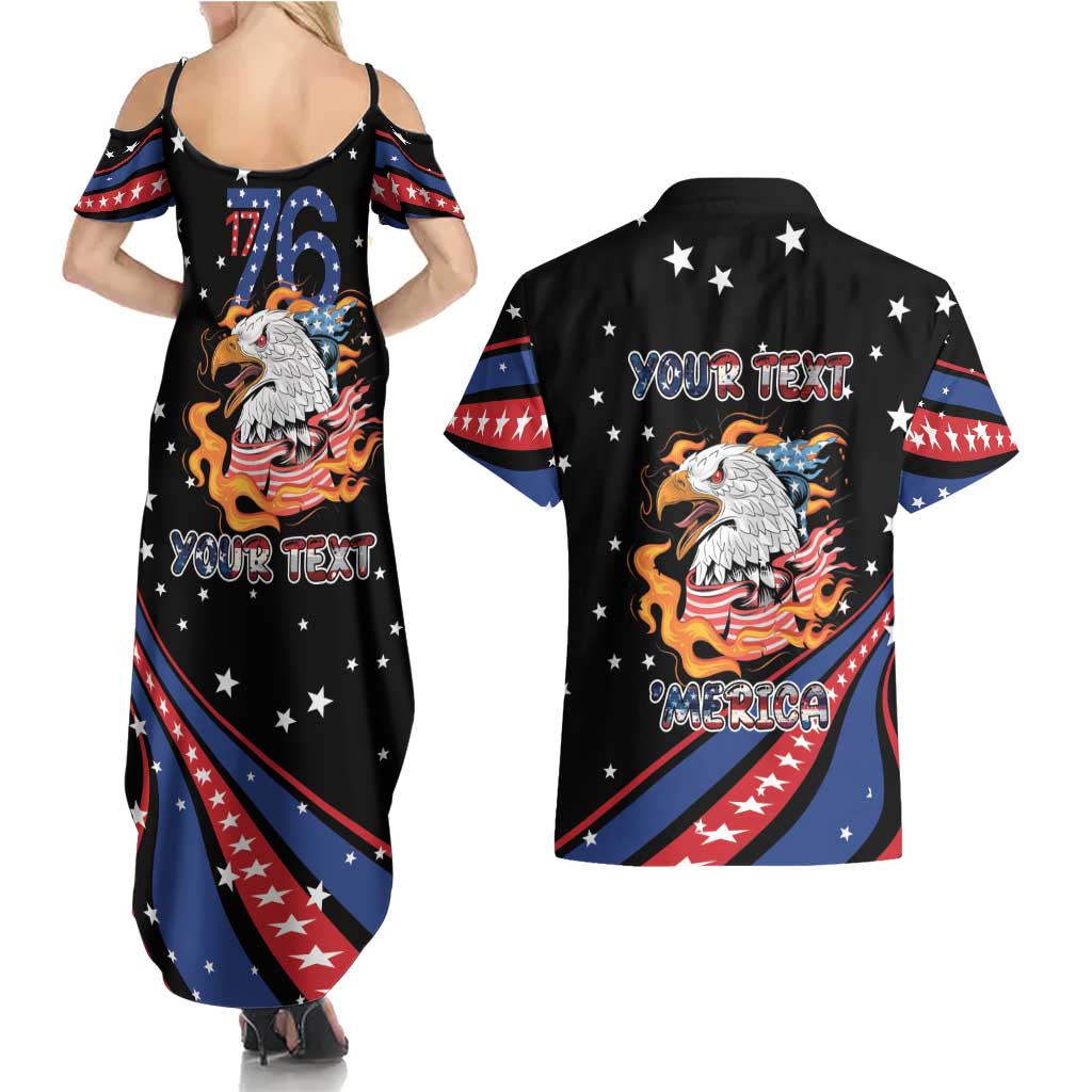 Personalized America History Began 4th of July Couples Matching Summer Maxi Dress and Hawaiian Shirt Fire Bald Eagle US Flag