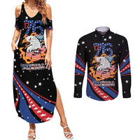 Personalized America History Began 4th of July Couples Matching Summer Maxi Dress and Long Sleeve Button Shirt Fire Bald Eagle US Flag