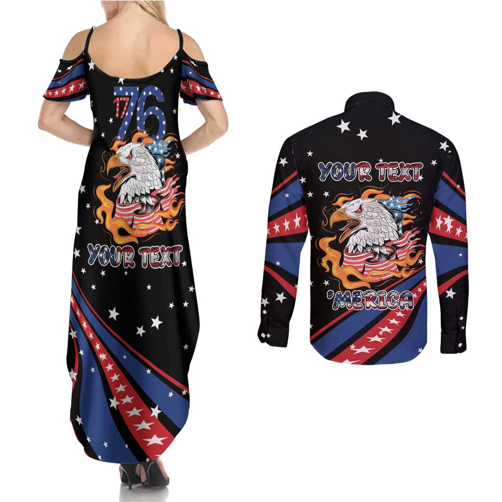Personalized America History Began 4th of July Couples Matching Summer Maxi Dress and Long Sleeve Button Shirt Fire Bald Eagle US Flag