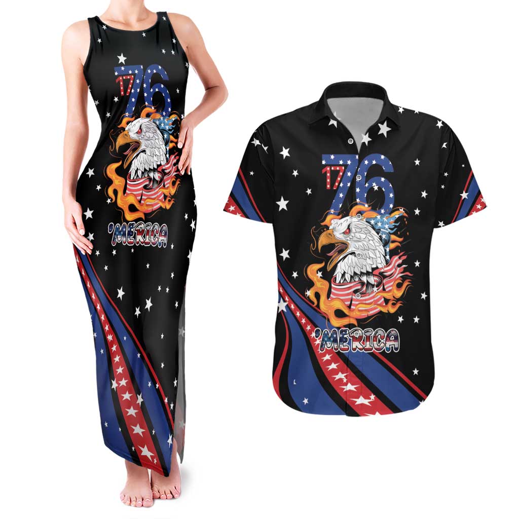 Personalized America History Began 4th of July Couples Matching Tank Maxi Dress and Hawaiian Shirt Fire Bald Eagle US Flag
