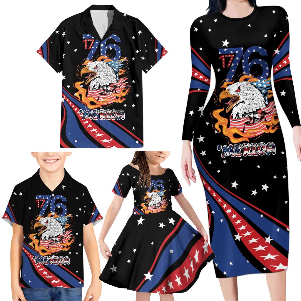 Personalized America History Began 4th of July Family Matching Long Sleeve Bodycon Dress and Hawaiian Shirt Fire Bald Eagle US Flag