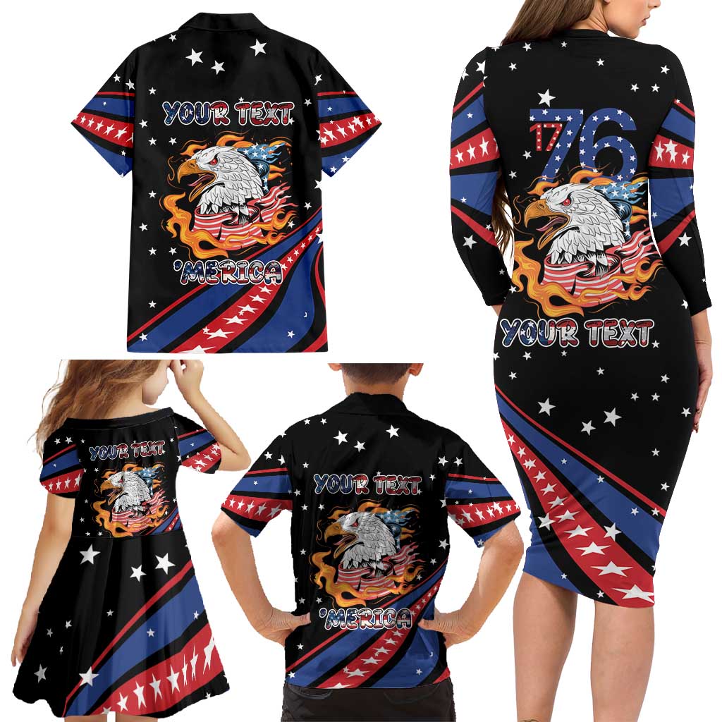 Personalized America History Began 4th of July Family Matching Long Sleeve Bodycon Dress and Hawaiian Shirt Fire Bald Eagle US Flag