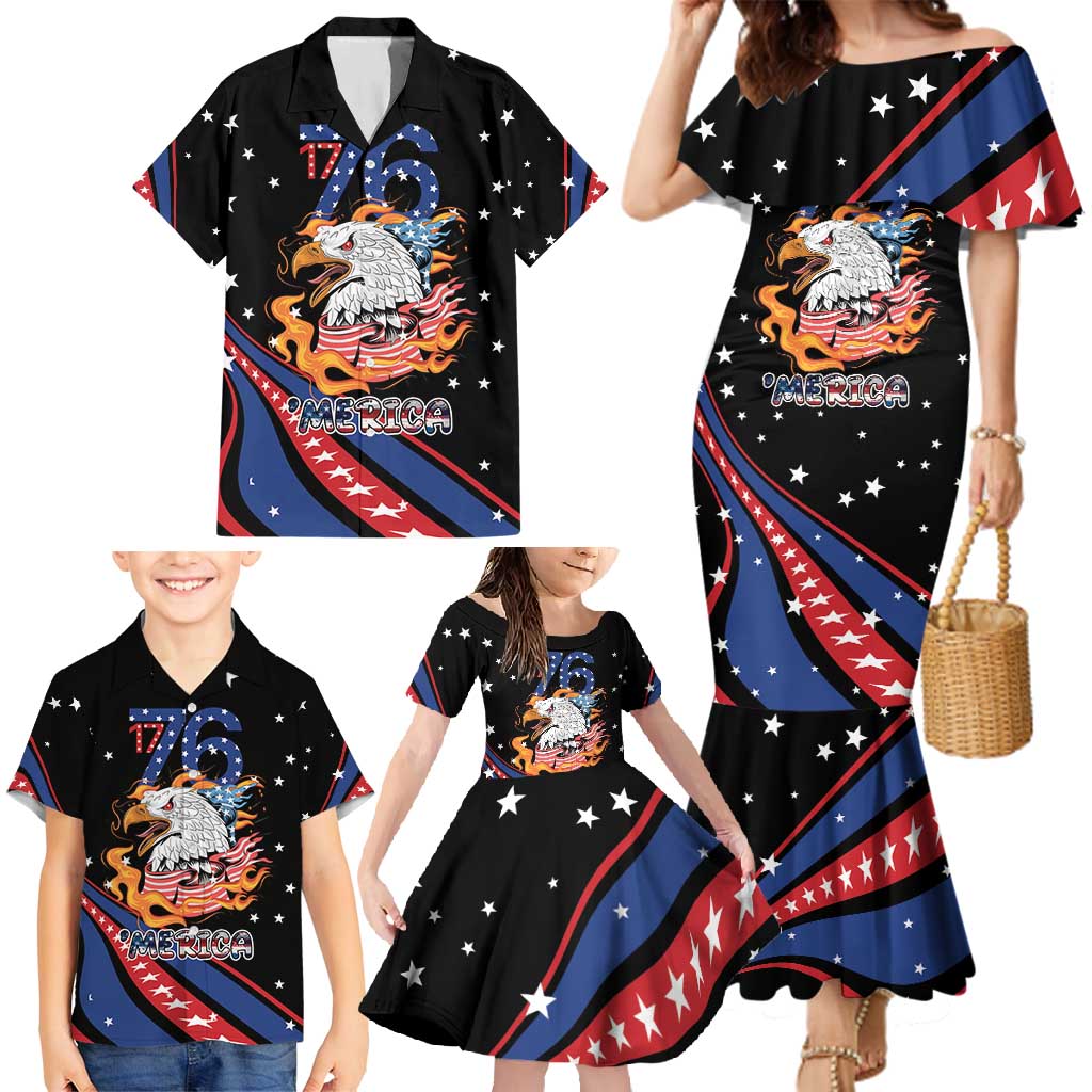 Personalized America History Began 4th of July Family Matching Mermaid Dress and Hawaiian Shirt Fire Bald Eagle US Flag
