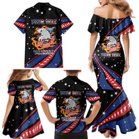 Personalized America History Began 4th of July Family Matching Mermaid Dress and Hawaiian Shirt Fire Bald Eagle US Flag